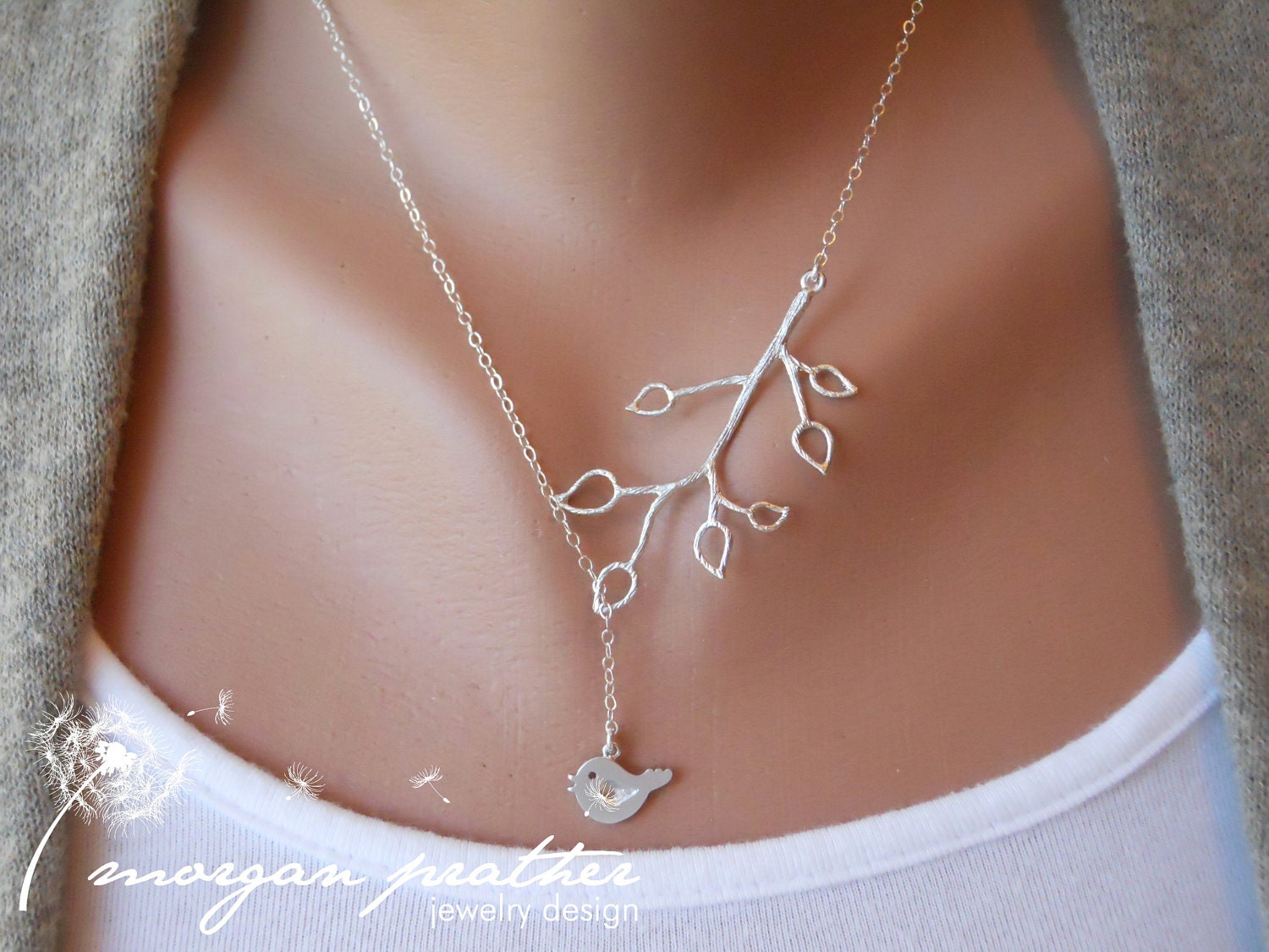 Bud Branch and Little Bird Lariat - silver grey white dainty pendants - sterling silver chain - morganprather