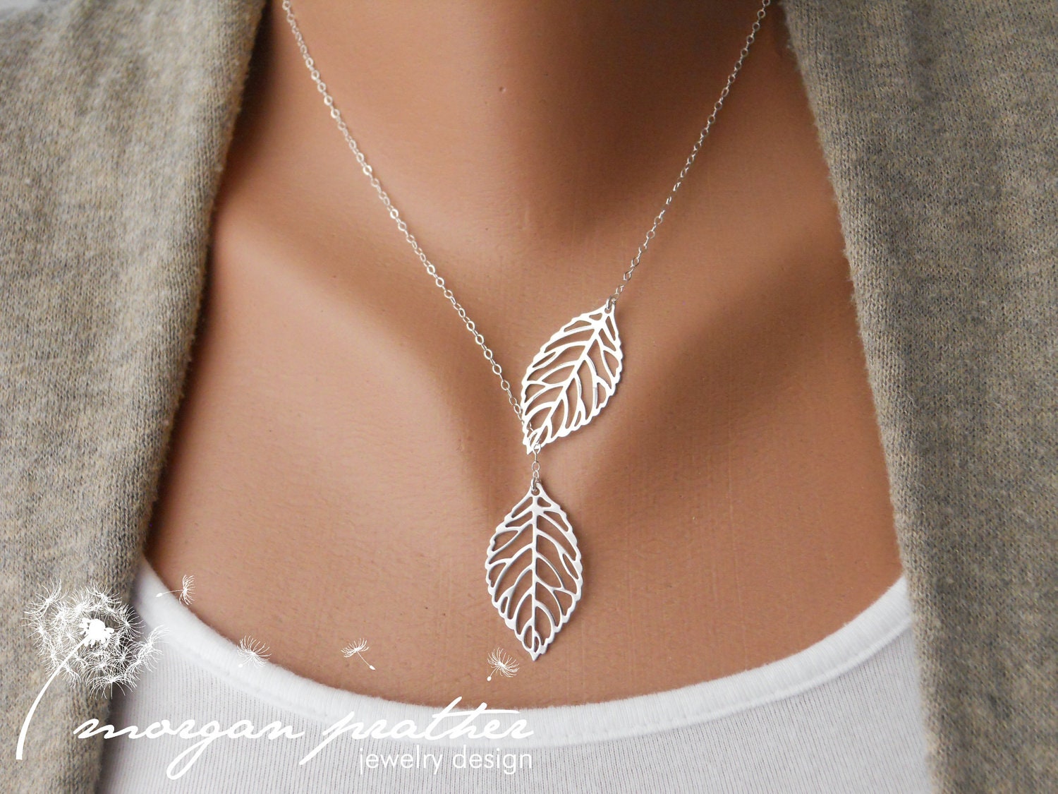 SALE - Leaf Lariat - silver grey white dainty leaf pendants - sterling silver chain - morganprather