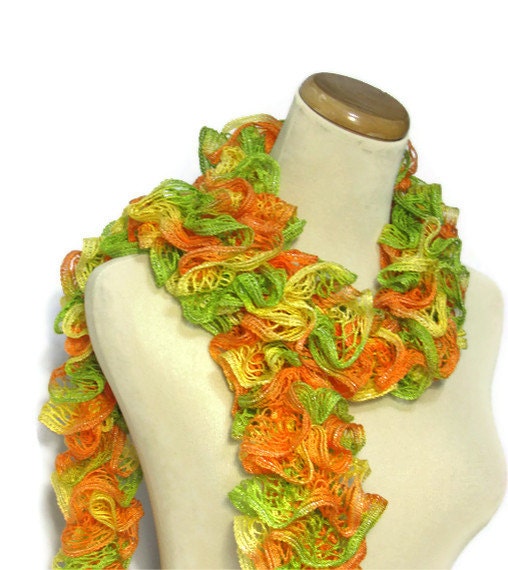 Hand Knit Ruffled Scarf - Green Orange Yellow