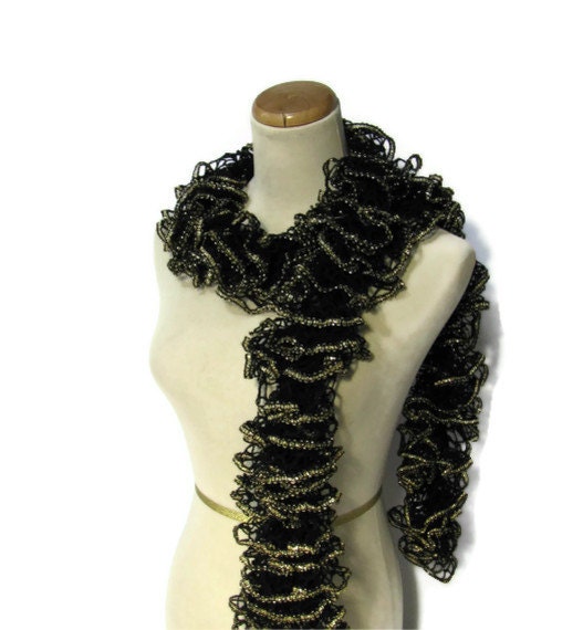 Black and Gold Ruffle Scarf - Hand Knit
