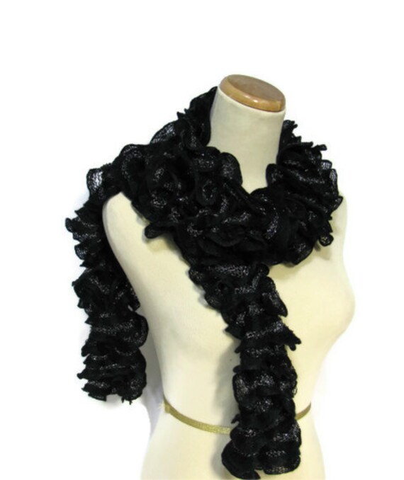 Black Hand Knit Ruffled Scarf