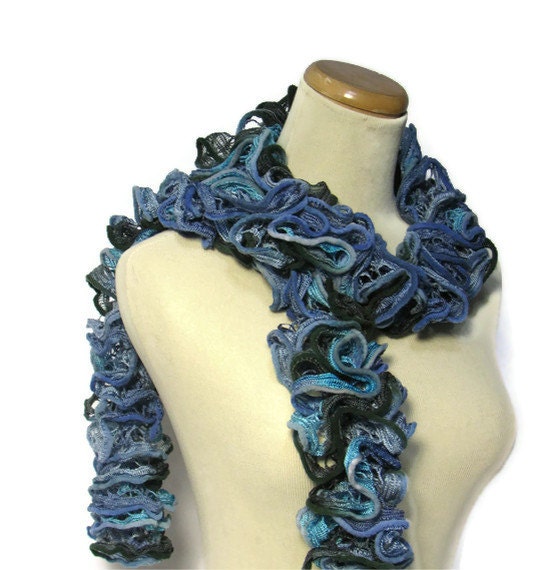 Hand Knit Ruffled Scarf -Turquoise Blue  Green