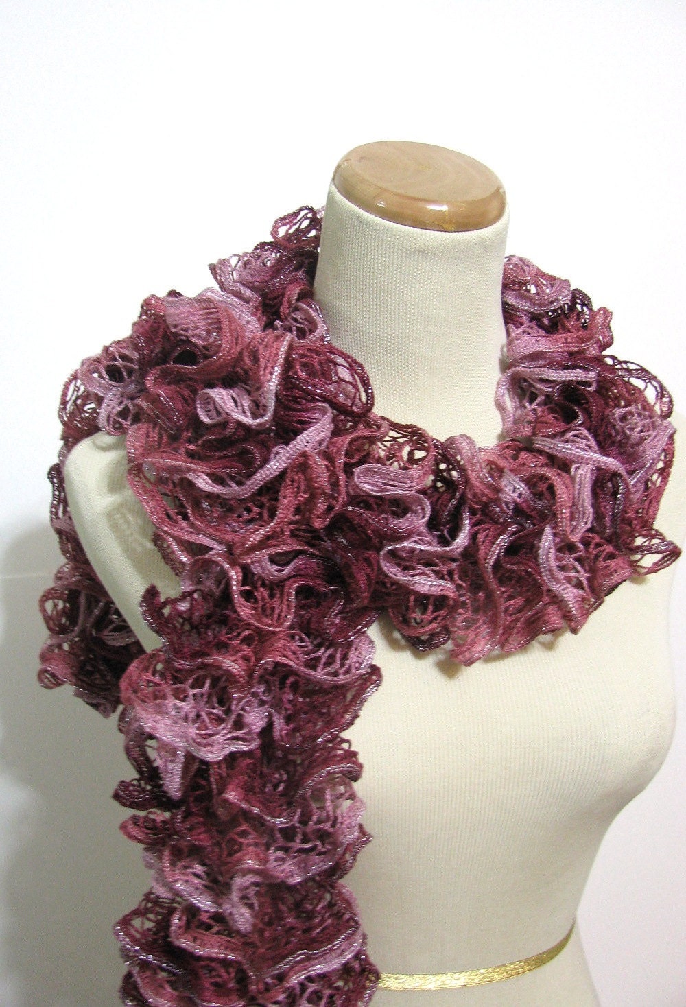 Hand Knit Ruffled Scarf - Red Mauve Garnet Pink
