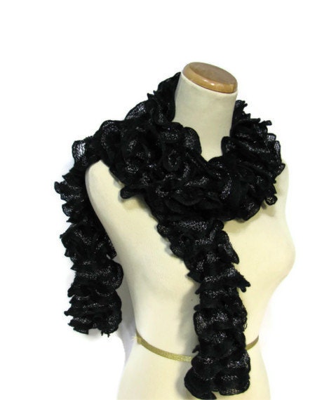 Black Hand Knit Ruffled Scarf