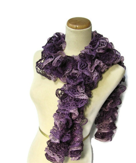 Purple Hand Knit Ruffled Scarf
