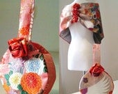 Wedding Purse vintage KIMONO flower round red grey pink hand bag