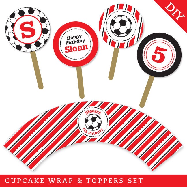 Soccer party - Personalized DIY printable cupcake wrapper and topper set - Choose red, green, blue or pink