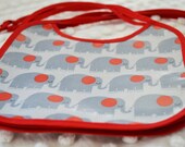 Baby Bib made from Laminated fabric Grey Gray Elephants Red Trim