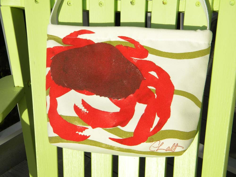 Crab purse 12"x9" red Dungeness coastal crabbing shelling sealife beachcombing crustacean beach ocean handpainted Crabby Chris