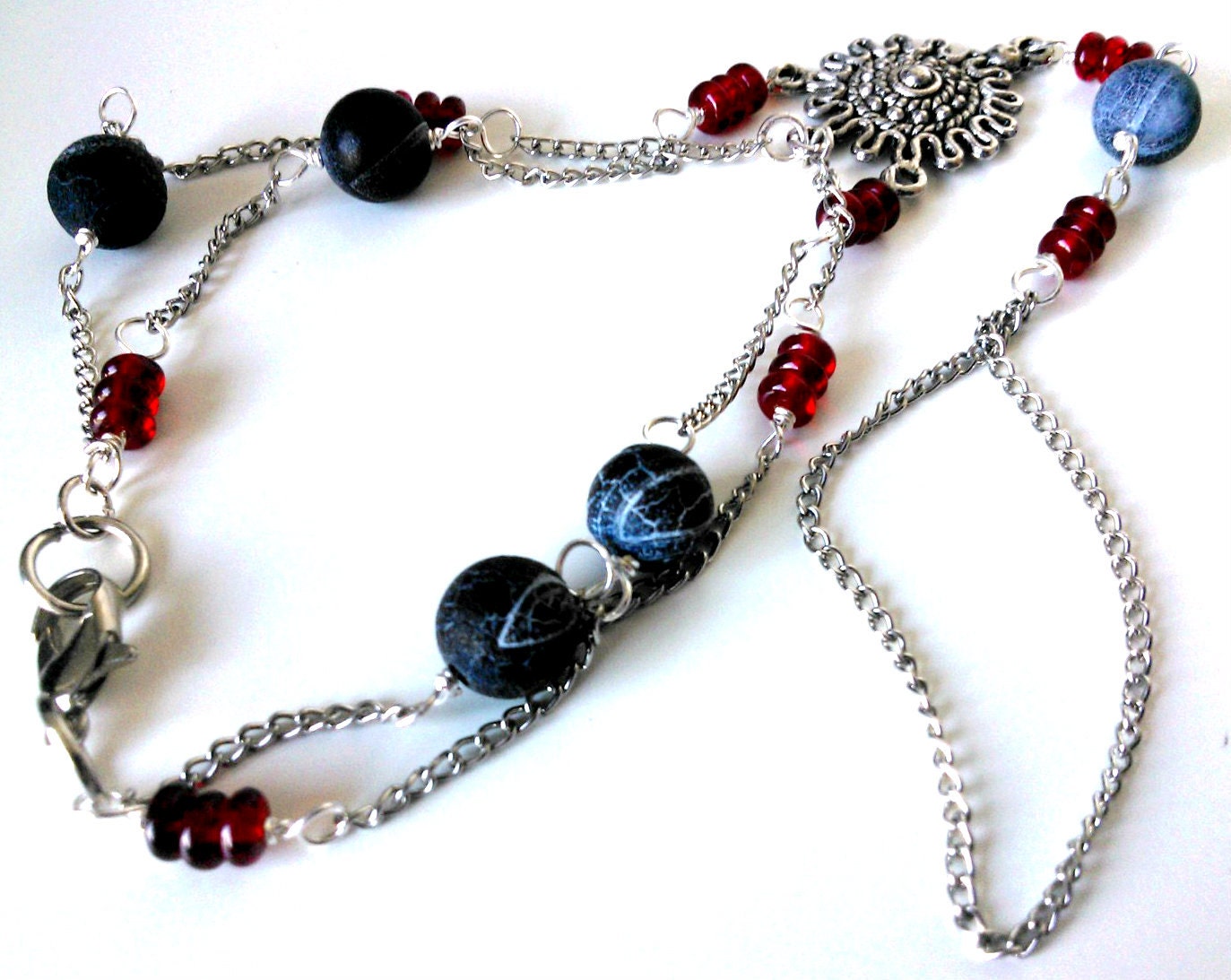 Nautical Slave Bracelet - Crackle Black Agate and Red Rondelle Glass Beads