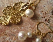 Wedding Sets SIX Bridesmaid Necklaces, Pearl Earrings, Real Oak Leaves  24kt Gold -16" 14kt Gold Fill Rope Chains