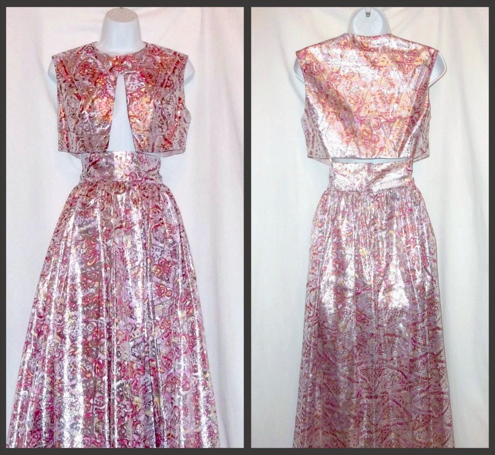 Stunning Bee Jo Rare Vintage 70s Maxi Formal Lame Top and Skirt Outfit size waist