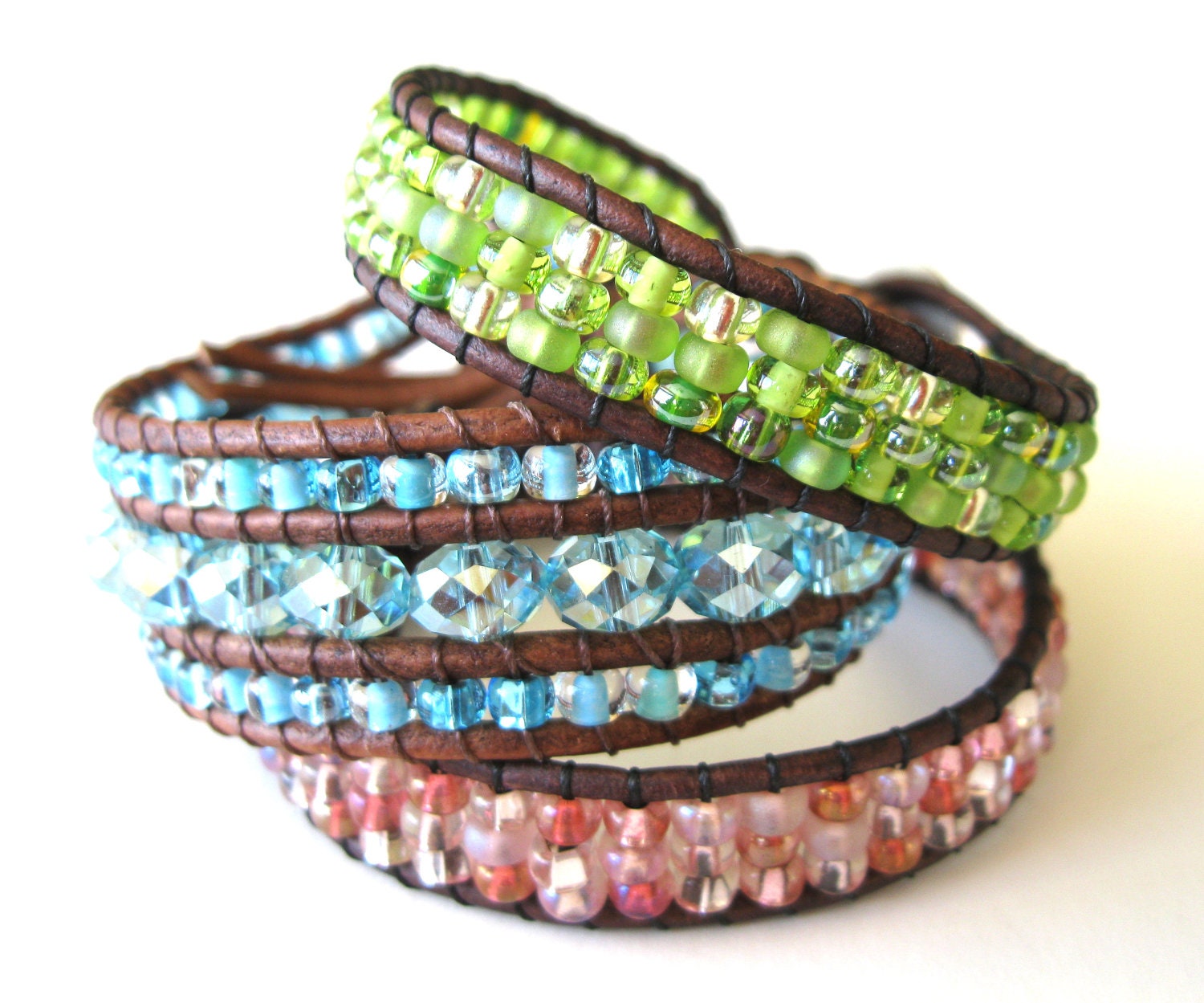 Verde - Friendship Bracelet - Cuff Bracelet - Beaded Leather Wrap Bracelet - MadRiverDesigns