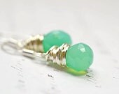 Mint Green Earrings Wire Wrapped on Sterling Silver, Aqua Chalcedony Handmade Gemstone Jewelry, Dainty Drops