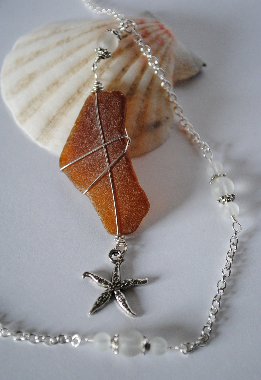Sea Glass Necklace, Wire Wrapped Necklace, Silver Starfish