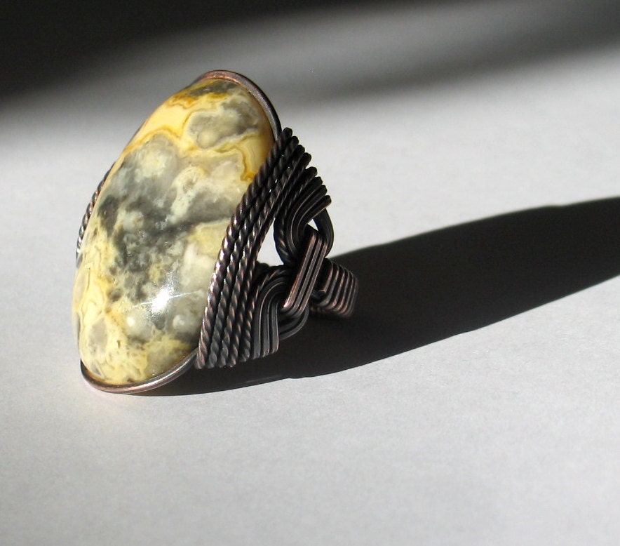 Crazy Lace Agate Ring, Yellow Grey Gemstone, Antiqued Copper Wire Wrap, Custom Sized, Gift For Her