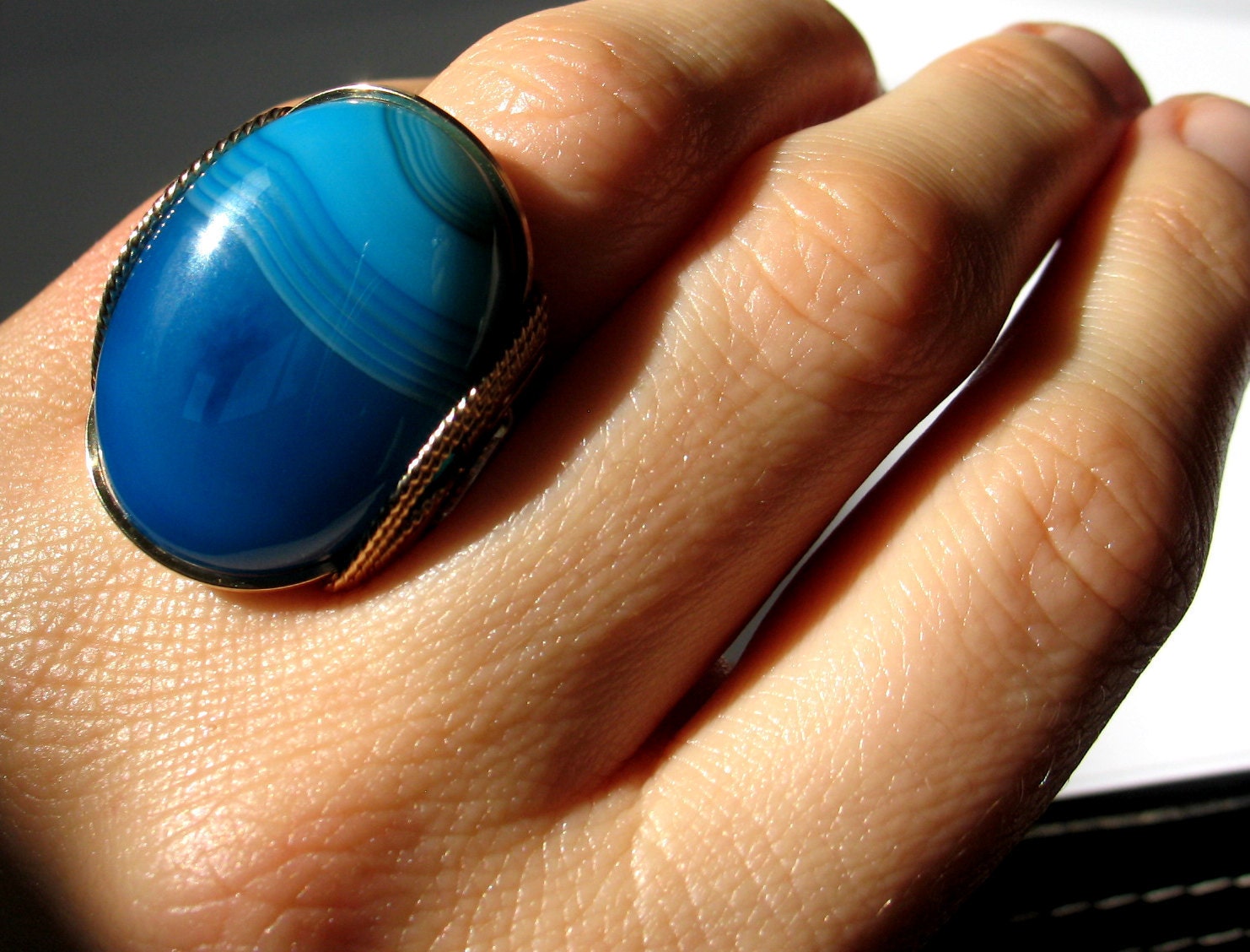 Sky Blue Ring, Turquoise Aqua Agate, Gold Fill, Bright Bermuda Stone, Handmade