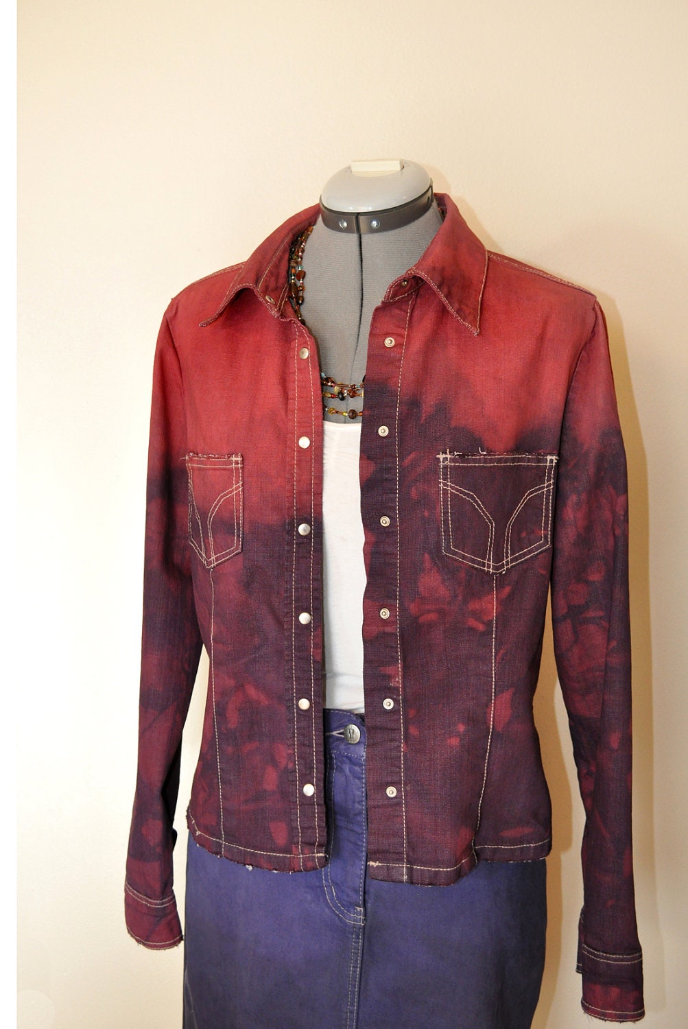 Denim SHIRT Jacket - Red and Navy Ombre Style Hand Dyed Upcycled Jou Jou Denim Jacket - Womens size Large (40" chest)