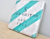 Custom Wedding Gift-Personalized Coasters-Watercolor Stripes-Unique Wedding Gift by burlap and blue