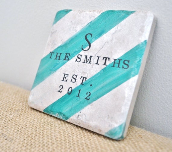 Custom Wedding Gift-Personalized Coasters-Watercolor Stripes-Unique Wedding Gift by burlap and blue