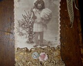 Vintage Lace Collage Edwardian Christmas Girl with Muff Embellished Tag