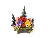 Tiny Alpine Fairy Houses Upon a Star - Miniature Violet, Brick Red and Marigold Clay Houses with Pine Trees and Mushrooms