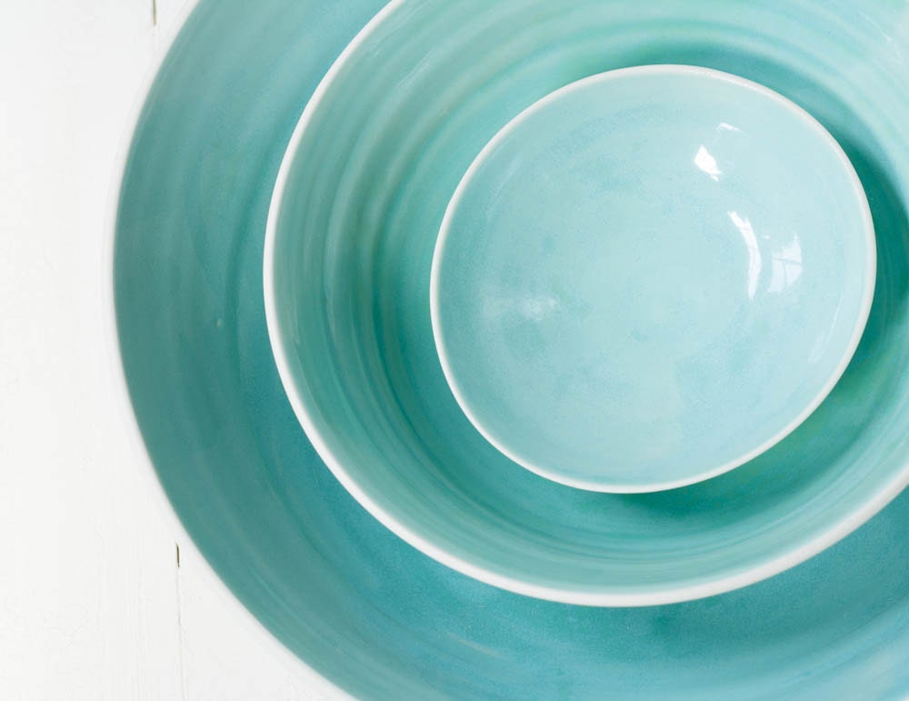 Large Aqua and White Porcelain Nesting Bowls