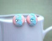 Peach Earrings, Peach and Blue, Button Earrings, Tiffany Blue Earrings, Steel Earrings, Lace Jewelry, Crystal Earrings, Peach Jewelry