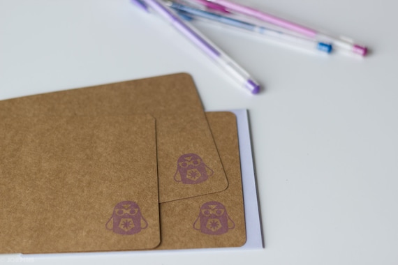 Owl stamp note card - Kraft brown purple - Set of 3