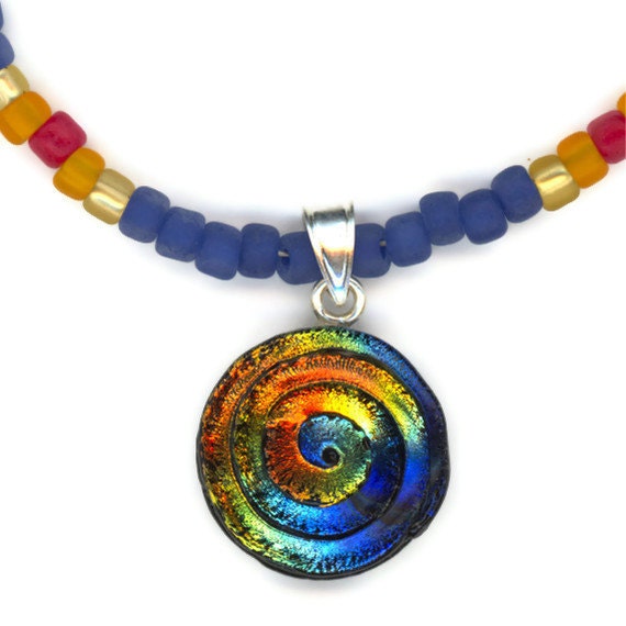 Colorful Necklace with Vivid Multicolor Round Pendant of Dichroic Glass