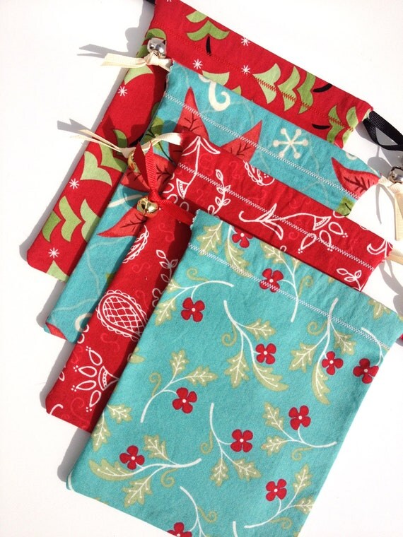 Set of Four Extra Small Fabric Gift Bags with Drawstrings and Jingle ...