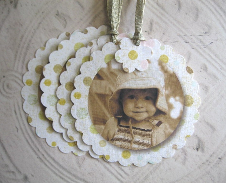 Customized Gift Tags - your child's image gift tag with handpunched scalloped edge -  party favor tag, wish tree hangtag - 12 Gift Tag Set
