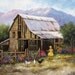 Barn Original Oil Painting, country landscape, barn, little blonde girl, chickens, farm, farmyard, paintings, Vickie Wade art