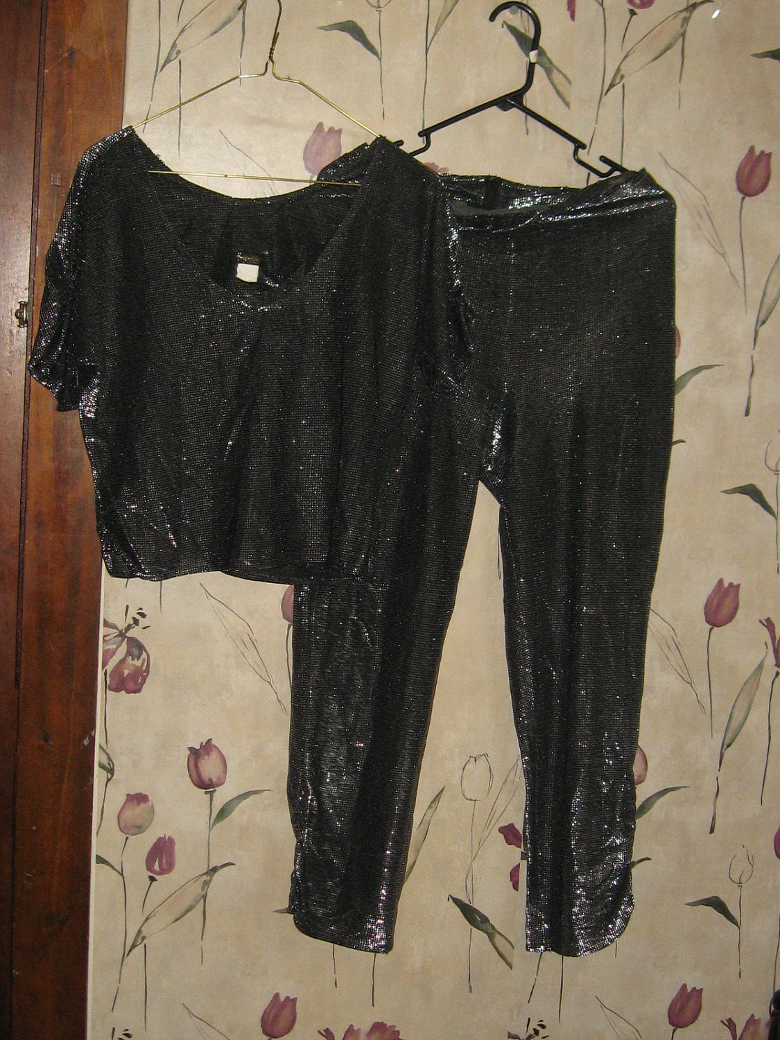 Vintage Fredericks of Hollywood SEXY shimmering black silver disco lounge outfit