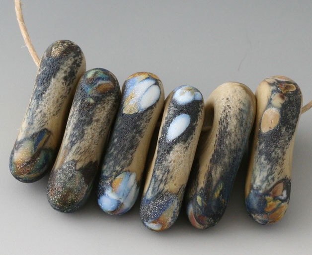 Rustic Drops - (6) Handmade Lampwork Beads - Tumble Etched - Lichen, Black