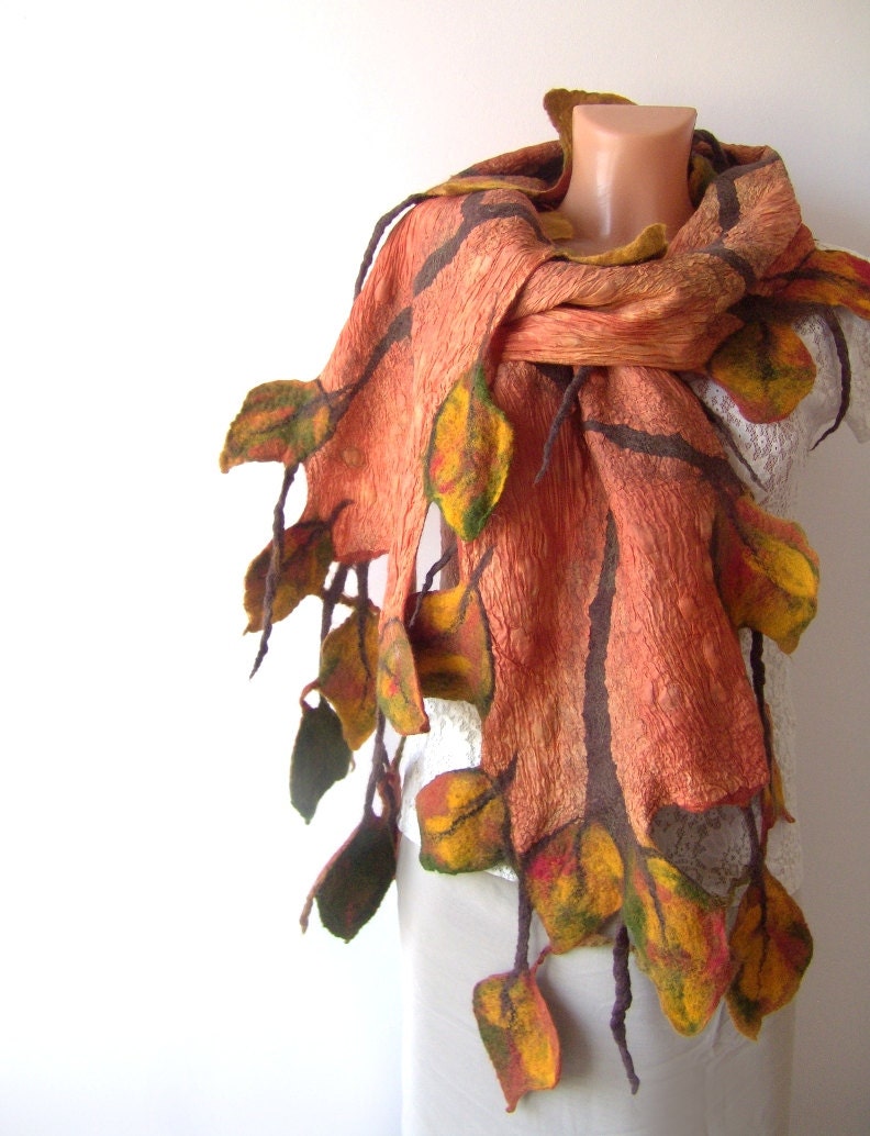 Nuno Felted scarf   Autumn leaf  yellow ginger green orange - galafilc