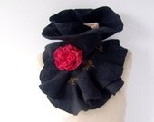 Felted scarf ruffle collar -  Black Two brooches gothic
