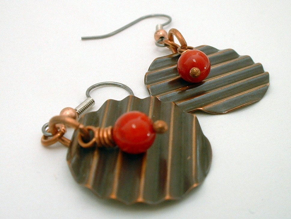 Copper Disc Earrings with Red Coral Bead