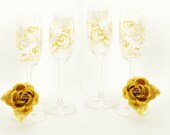 Hand Painted Champagne Sparkling Wine Glasses - White Roses Edged in Gold, Set of 4 - READY TO SHIP Crystal New Years 50th Anniversary