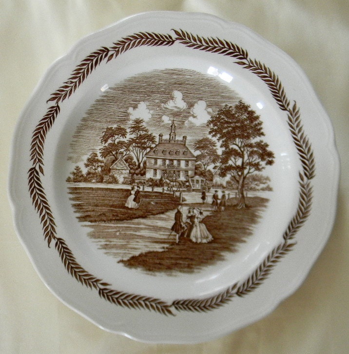 Vintage English Plate Brown White Ironstone Colonial Times Home Stagecoach Horses Early American Settlers Perfect For Thanksgiving
