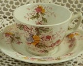 Vintage Red English Garden Transferware Tea Cup and Saucer Periwnkle Pink Green Yellow Flowers Leaves
