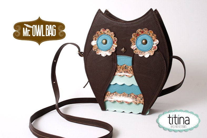 SALE Mr owl bag in turquoise, mint and flowers pattern