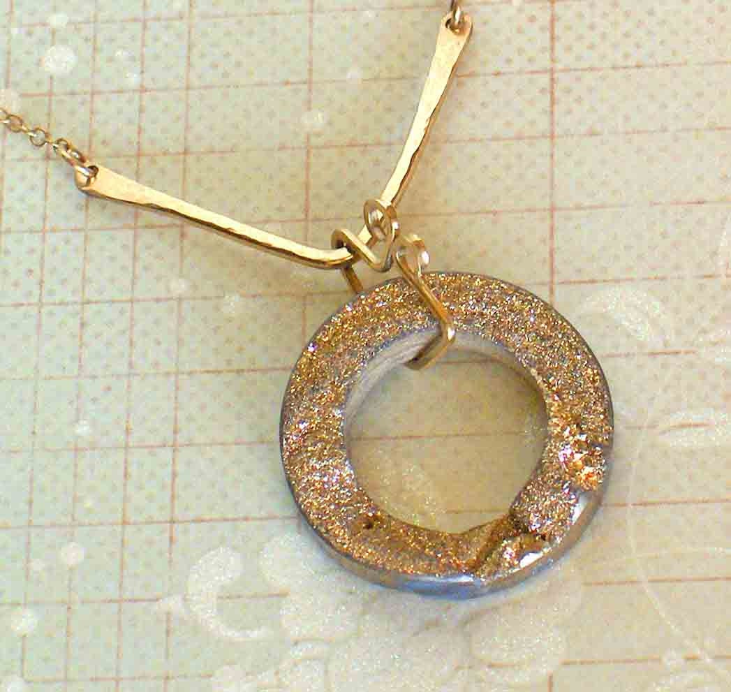 Donut Druzy Agate Pendant Necklace - 14K Gold Filled Chain Necklace - Gold Sparkle Druzy