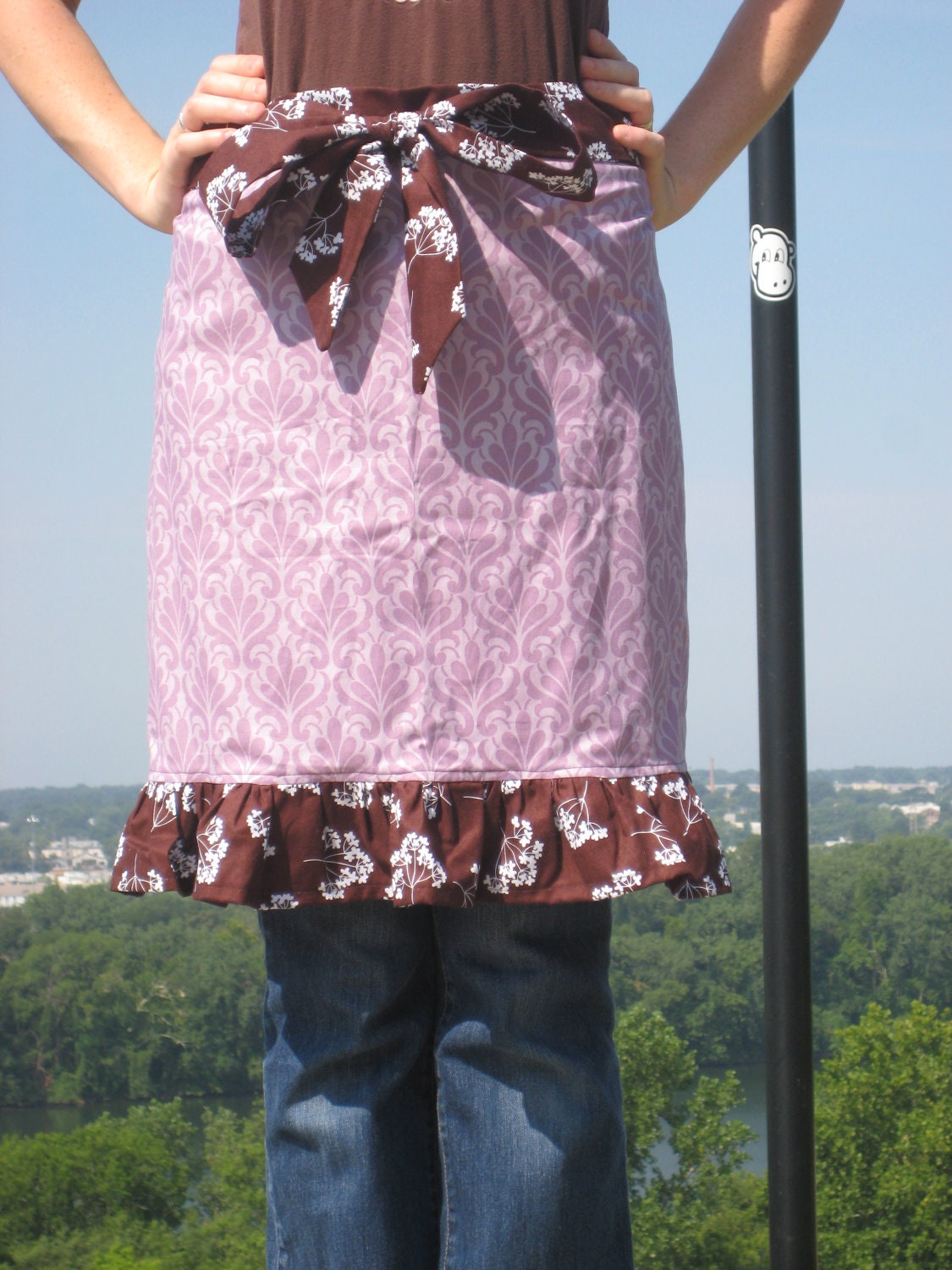 Handmade 100% Cotton Lavender Damask with White Floral and Brown Background Retro Hostess Half Apron with Bottom Ruffle