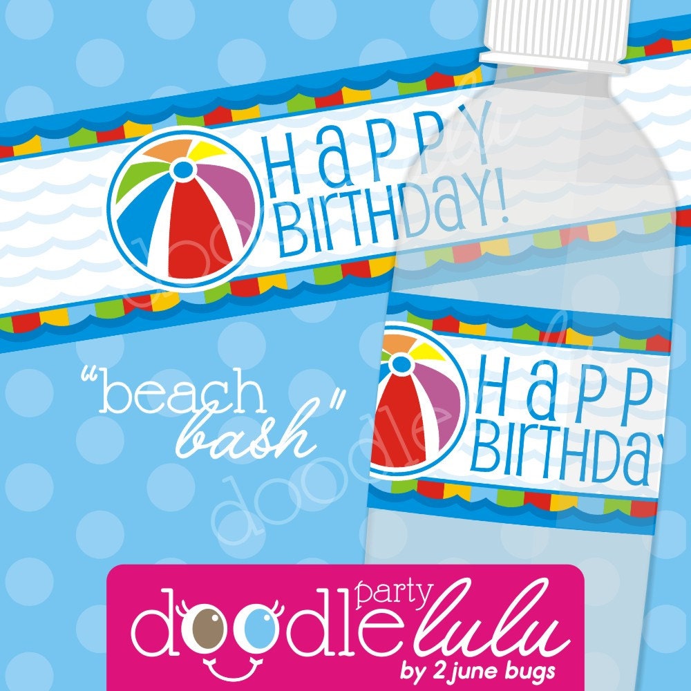 INSTANT DOWNLOAD DIY Party Favors Beach Bash Pool Party Water Bottle / Drink Labels Wraps - 5 printable designs - DoodleLulu by 2 june bugs Il_570xn
