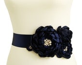 Amazing Navy Blue Bridal Sash - Chic Crystals and Pearls Flower Bridal Wedding Belt