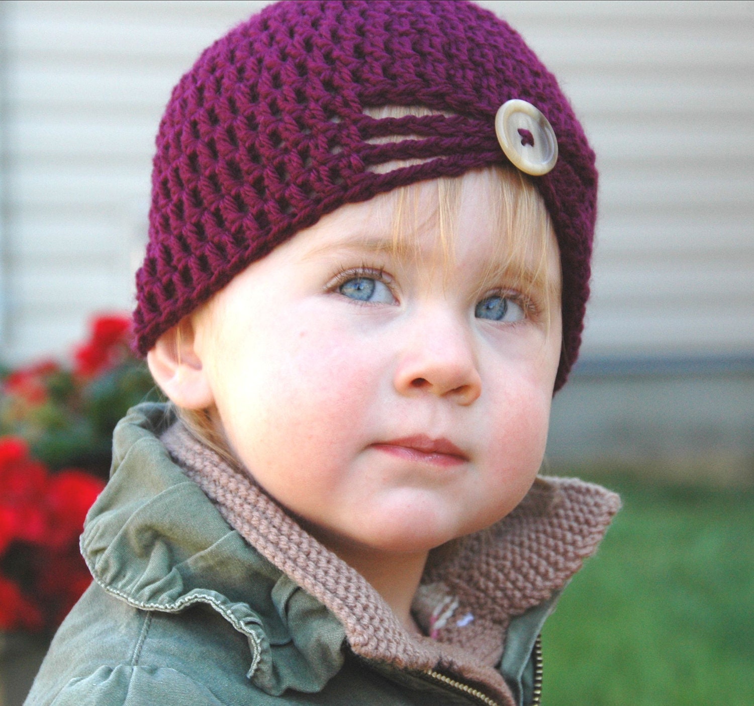 Crochet Flapper Hat Purple Plum with button 12 to 18 months