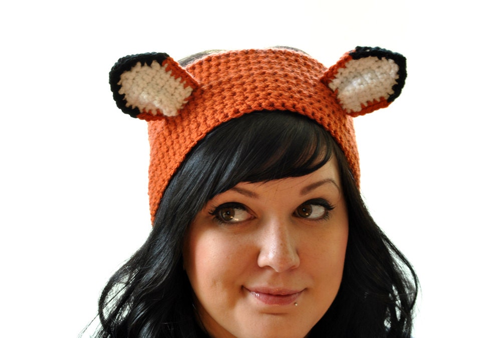 Fox Crocheted Headband Earwarmer Orange and Black Fox Ears