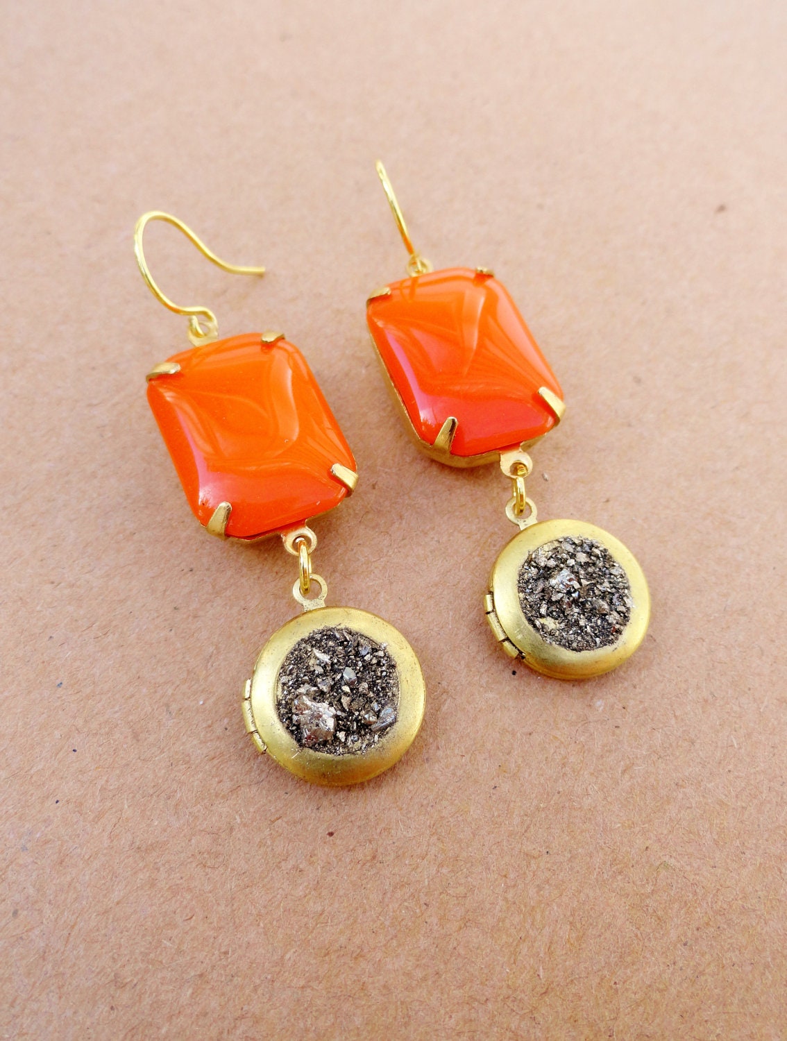 30% OFF COUPON SALE - Time & Space.  Tiny Pyrite Locket and Vintage Orange Glass Earrings