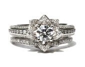 Wedding Set - Gorgeous UNIQUE Flower Rose Diamond Engagement Ring and Wedding band set - 2.35 carats - 14K white gold - custom made - fL01-S